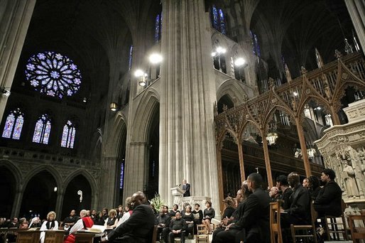 President George W. Bush speaks during the National Day of Prayer and Remembrance Service at the Washington National Cathedral in Washington, D.C., Friday, Sept. 16, 2005. "On this Day of Prayer and Remembrance, our nation remains in the shadow of a storm that departed two weeks ago. We're humbled by the vast and indifferent might of nature, and feel small beside its power," said the President in his remarks. "We commend the departed to God. We mourn with those who mourn, and we ask for strength in the work ahead." White House photo by Eric Draper