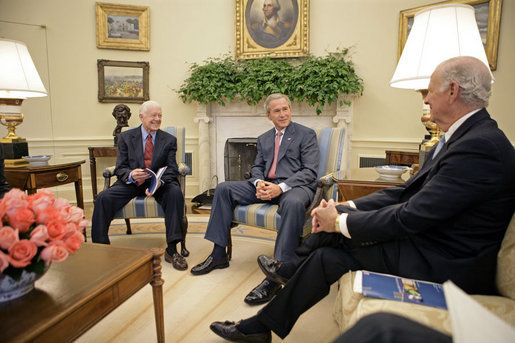 President George W. Bush meets with former President Jimmy Carter and Secretary of State James Baker, Co-Chairs of the Carter-Baker Commission on Federal Election Reform, in the Oval Office Monday, Sept. 19, 2005. White House photo by Eric Draper