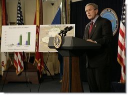 President George W. Bush delivers a statement Thursday, Sept. 22, 2005, on the War on Terror during a visit to the Pentagon. President Bush also thanked the leadership of the Pentagon for their help in the aftermath of Hurricane Katrina.  White House photo by Eric Draper