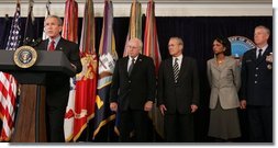 Standing with President Bush as he delivers a statement Thursday, Sept. 22, 2005, at the Pentagon on the War on Terror are: Vice President Dick Cheney; Secretary of Defense Donald Rumsfeld; Secretary of State Condoleezza Rice and General Richard Myers, Chairman of the Joint Chiefs of Staff.  White House photo by Shealah Craighead