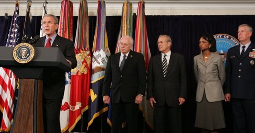 Standing with President Bush as he delivers a statement Thursday, Sept. 22, 2005, at the Pentagon on the War on Terror are: Vice President Dick Cheney; Secretary of Defense Donald Rumsfeld; Secretary of State Condoleezza Rice and General Richard Myers, Chairman of the Joint Chiefs of Staff. White House photo by Shealah Craighead