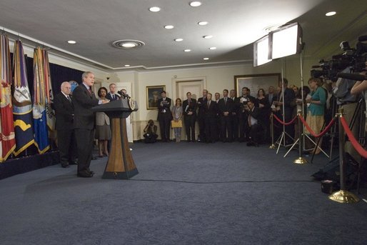 President George W. Bush delivers a statement on the War on Terror during his visit Thursday, Sept. 22, 2005, to the Pentagon. The President also took the time to thank the leadership at the Pentagon for their help in the aftermath of Hurricane Katrina. White House photo by Shealah Craighead