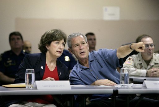 President George W. Bush and Louisiana Governor Kathleen Blanco participate in a briefing on Hurricane Rita at the FEMA Joint Field Office in Baton Rouge, Louisiana, Sunday, Sept. 25, 2005. White House photo by Eric Draper