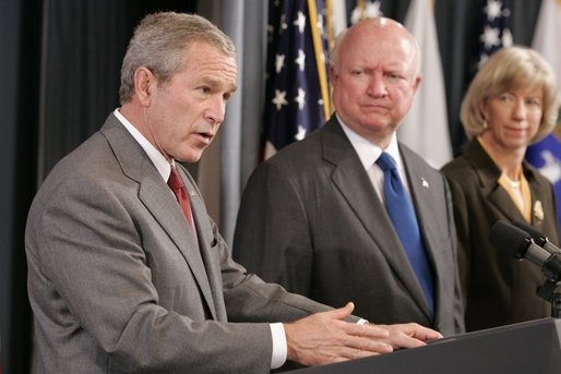 President George W. Bush, appearing at the U.S. Department of Energy, Monday, Sept. 26, 2005 in Washington, talks about the effects of Hurricane Rita on the energy situation in the Gulf of Mexico. President Bush is joined by U.S. Energy Secretary Samuel W. Bodman and U.S. Interior Secretary Gale Norton. White House photo by Paul Morse