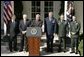 President George W. Bush issues a statement, Wednesday, Sept. 28, 2005 in the Rose Garden at the White House in Washington, on the war on terror following his meeting with U.S. Army Generals John Abizaid and George W. Casey. President Bush is also joined by Vice President Dick Cheney, Secretary of Defense Donald Rumsfeld and Joint Chiefs of Staff Chairman General Richard B. Myers. White House photo by Paul Morse