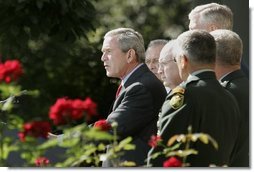 President George W. Bush issues a statement, Wednesday, Sept. 28, 2005 in the Rose Garden at the White House in Washington, on the war on terror following his meeting with U.S. Army Generals John Abizaid and George W. Casey. President Bush is also joined by Vice President Dick Cheney, Secretary of Defense Donald Rumsfeld and Joint Chiefs of Staff Chairman General Richard B. Myers.  White House photo by Paul Morse