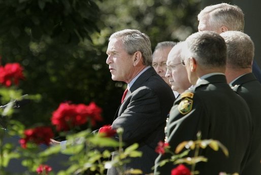 President George W. Bush issues a statement, Wednesday, Sept. 28, 2005 in the Rose Garden at the White House in Washington, on the war on terror following his meeting with U.S. Army Generals John Abizaid and George W. Casey. President Bush is also joined by Vice President Dick Cheney, Secretary of Defense Donald Rumsfeld and Joint Chiefs of Staff Chairman General Richard B. Myers. White House photo by Paul Morse