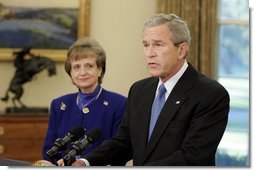 President George W. Bush nominates White House Counsel Harriet Miers as Supreme Court Justice during a statement from the Oval Office on Monday October 3, 2005.  White House photo by Paul Morse