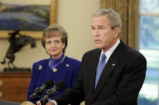 President George W. Bush nominates White House Counsel Harriet Miers as Supreme Court Justice during a statement from the Oval Office on Monday October 3, 2005. White House photo by Paul Morse