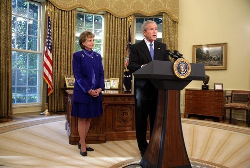 President George W. Bush nominates White House Counsel Harriet Miers as Supreme Court Justice during a statement from the Oval Office on Monday October 3, 2005. White House photo by Paul Morse