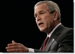 President George W. Bush addresses his remarks on the War on Terror, Thursday, Oct. 6, 2005, speaking before the National Endowment for Democracy at the Ronald Reagan Building and International Trade Center in Washington.  White House photo by Eric Draper