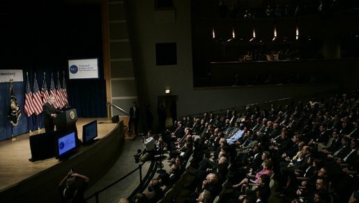 President George W. Bush addresses his remarks on the War on Terror, Thursday, Oct. 6, 2005, speaking before the National Endowment for Democracy at the Ronald Reagan Building and International Trade Center in Washington. White House photo by Eric Draper