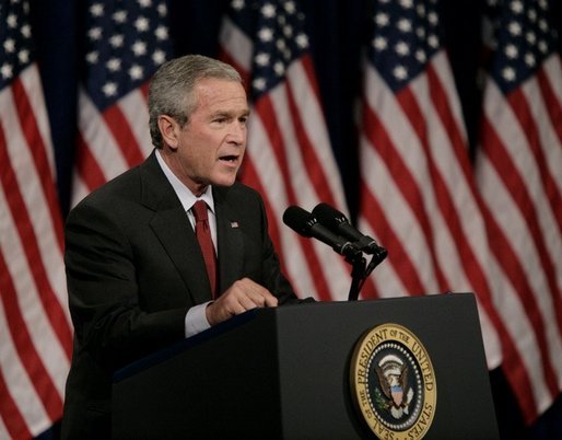 President George W. Bush addresses his remarks on the War on Terror, Thursday, Oct. 6, 2005, speaking before the National Endowment for Democracy at the Ronald Reagan Building and International Trade Center in Washington. White House photo by Eric Draper