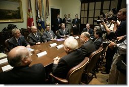 President George W. Bush meets with company representatives of vaccine manufacturers Friday, Oct. 7, 2005, in the Roosevelt Room of the White House. White House photo by Eric Draper