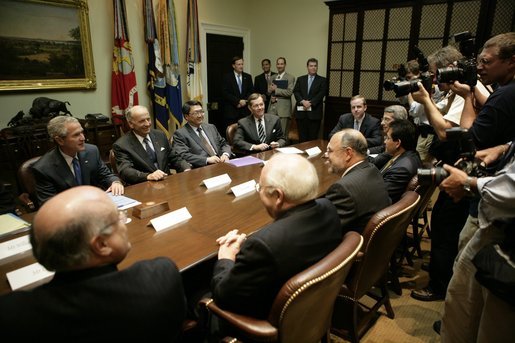 President George W. Bush meets with company representatives of vaccine manufacturers Friday, Oct. 7, 2005, in the Roosevelt Room of the White House. White House photo by Eric Draper