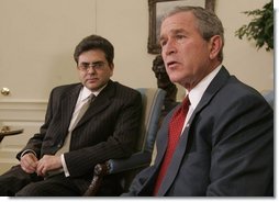 President George W. Bush meets with Pakistan's Deputy Chief of Mission, Mohammad Sadiq, Sunday, Oct. 9, 2005 in the Oval Office at the White House, to express condolences on the tragedy of the earthquake which struck Pakistan and other areas of Asia, and to pledge the support of United States aid in the recovery of the region. White House photo by Paul Morse