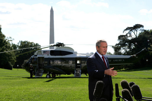 President George W. Bush delivers a statement on Iraqi elections after returning to the White House from Camp David, Sunday,Oct. 16, 2005. White House photo by Krisanne Johnson