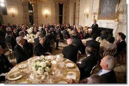 President George W. Bush addresses the Iftaar Dinner with Ambassadors and Muslim Leaders in the State Dining Room of the White House, Monday, Oct. 17, 2005.  White House photo by Paul Morse