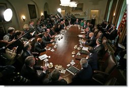 President George W. Bush addresses the press during a meeting with his Cabinet in the Cabinet Room Monday, Oct. 24, 2005. White House photo by Paul Morse