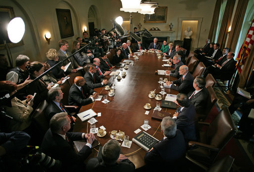 President George W. Bush addresses the press during a meeting with his Cabinet in the Cabinet Room Monday, Oct. 24, 2005. White House photo by Paul Morse