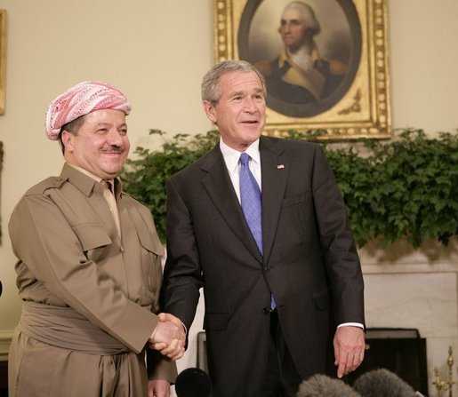 President George W. Bush welcomes Massoud Barzani, the President of the Kurdistan regional government of Iraq, to the Oval Office at the White House, Tuesday, Oct. 25, 2005. White House photo by Eric Draper