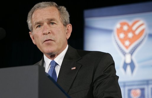 President George W. Bush speaks to the Joint Armed Forces Officers' Wives Luncheon Tuesday, Oct. 25, 2005, at Bolling Air Force Base in Washington, D.C. The President thanked the members for their courage and sacrifice saying, "We don't know the course our own struggle will take or the sacrifices that might lie ahead. We do know the strength and character that our troops and military families bring to the fight." White House photo by Paul Morse