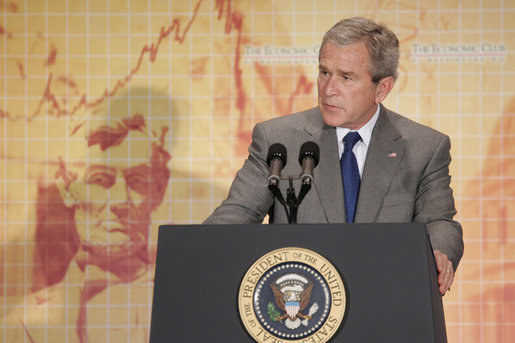 President George W. Bush addresses an audience at the Economic Club of Washington, D.C., Wednesday, Oct. 26, 2005. President Bush is the first President to address the Economic Club, which was formed in 1986. White House photo by Paul Morse