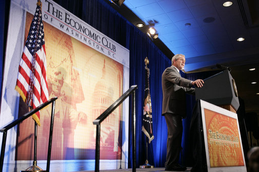 President George W. Bush addresses an audience at the Economic Club of Washington, D.C., Wednesday, Oct. 26, 2005. President Bush is the first President to address the Economic Club, which was formed in 1986. White House photo by Paul Morse