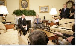 President George W. Bush is joined in the Oval Office by Macedonian Prime Minister Vlado Buckovski Wednesday, Oct. 26, 2005, for a photo availability. The President welcomed Prime Minister Buckovski and thanked him for his country's strong support in the war on terror. White House photo by Eric Draper