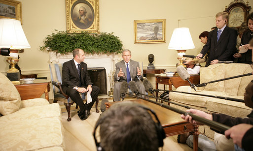 President George W. Bush is joined in the Oval Office by Macedonian Prime Minister Vlado Buckovski Wednesday, Oct. 26, 2005, for a photo availability. The President welcomed Prime Minister Buckovski and thanked him for his country's strong support in the war on terror. White House photo by Eric Draper