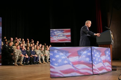 President George W. Bush addresses an audience Friday, Oct. 28, 2005 at Chrysler Hall in Norfolk, Va., speaking on the successes and challenges in fighting the war on terror. White House photo by Paul Morse