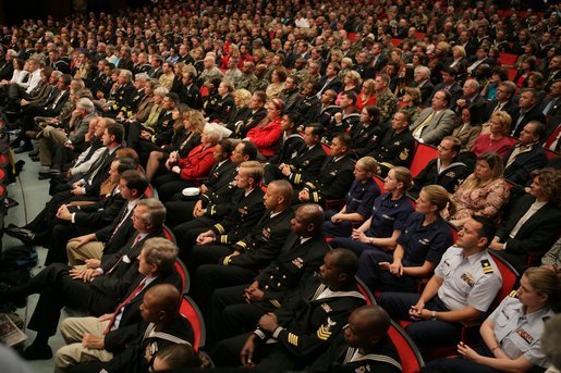 An audience listens to President George W. Bush, Friday, Oct. 28, 2005 at Chrysler Hall in Norfolk, Va., speaking on the successes and challenges in fighting the war on terror. White House photo by Paul Morse