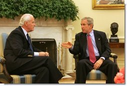 President George W. Bush sits with Donald Powell, Chairman of the Federal Deposit Insurance Corp., in the Oval Office Tuesday, Nov. 1, 2005. The President selected Mr. Powell to be the coordinator of federal support for the Gulf Coast's recovery and rebuilding.  White House photo by Shealah Craighead