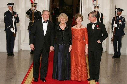 President George W. Bush and Laura Bush welcome the Prince of Wales and Duchess of Cornwall upon their arrival to the White House, Wednesday evening, Nov. 2, 2005. White House photo by Paul Morse