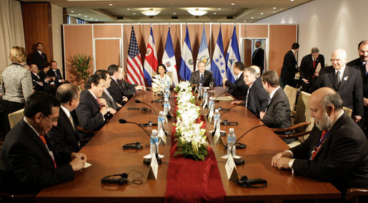 President George W. Bush and Secretary of State Condoleezza Rice meet with CAFTA-DR leaders Friday, Nov. 4, 2005, at the Sheraton Mar del Plata Hotel in Mar del Plata, Argentina. White House photo by Eric Draper