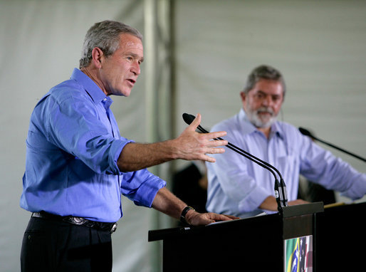 President George W. Bush speaks during a joint press statement with Brazilian President Luiz Inacio Lula da Sliva at the Granja do Torto in Brasilia, Brazil, Sunday, Nov. 6, 2005. White House photo by Paul Morse