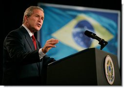 President George W. Bush delivers remarks in Brasilia, Brazil, Sunday, Nov. 6, 2005. White House photo by Eric Draper