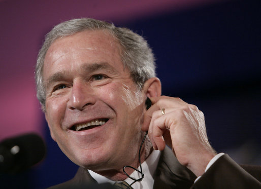 President George W. Bush reacts during a joint press availability with the President Martin Torrijos of Panama at Casa Amarilla in Panama City, Panama, Monday, Nov. 7, 2005. White House photo by Eric Draper