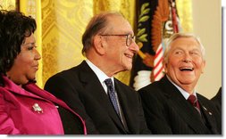 Presidential Medal of Freedom recipients, Arthea Franklin, Alan Greenspan and Andy Griffith, react to comments, Wednesday, Nov. 9, 2005, during ceremonies at the White House. White House photo by Shealah Craighead