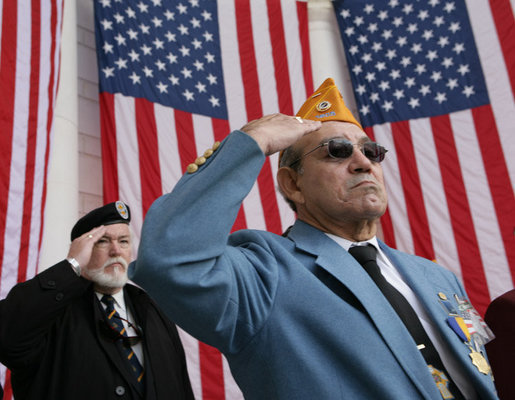 Veterans Jose Garcia, right, and John Rowan, salute Friday, Nov. 11, 2005, during Veterans Day ceremonies at Arlington National Cemetery in Arlington, Va. White House photo by David Bohrer