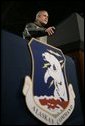 President George W. Bush speaks from the podium inside Hangar One at Elmendorf Air Force Base Monday, Nov. 14, 2005, during his remarks on the War on Terror. The Anchorage stop was his first of a seven-day trip to Asia. White House photo by Eric Draper