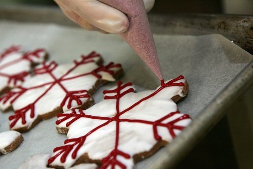 White House Executive Pastry Chef Thaddeus DuBois ices holiday cookies. DuBois and his staff baked over 47,000 cookies in preparation for holiday dinners at the White House and appeared as a guest on 'Ask the White House' Friday, December 9, 2005. White House photo by Shealah Craighead