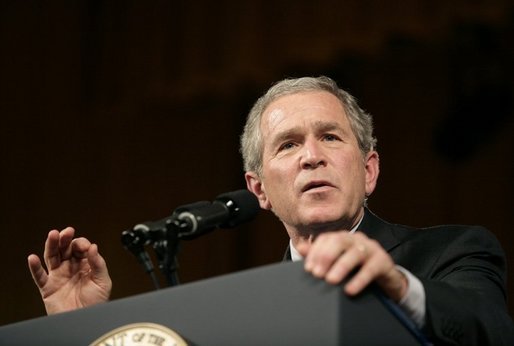 President George W. Bush answers a question from the audience after delivering remarks on the War on Terror before members of the World Affairs Council of Philadelphia, Monday, Dec. 12, 2005. White House photo by Eric Draper