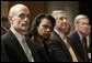 Members of the Cabinet listen as President Bush outlines the strategy Wednesday, Dec. 14, 2005, for victory in Iraq during remarks on the War on Terror at the Woodrow Wilson International Center for Scholars in Washington D.C. From left are: Secretary Michael Chertoff, Department of Homeland Security; Secretary of State Condoleezza Rice; Chief of Staff Andrew Card, and Stephen J. Hadley, Assistant to the President for National Security Affairs. White House photo by Kimberlee Hewitt