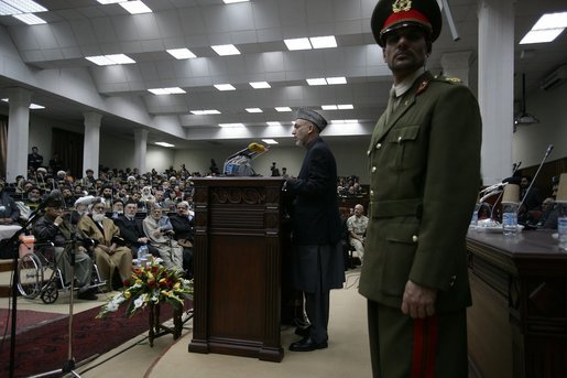 Afghan President Hamid Karzai addresses Vice President Dick Cheney, Mrs. Lynne Cheney, and attendees of the opening of Afghan Parliament, the first elected parliament in more than three decades, in Kabul, Afghanistan Monday, Dec. 19, 2005. White House photo by David Bohrer