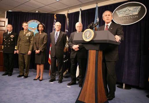 President George W. Bush gestures as he addresses his remarks on the global war on terror, Wednesday, Jan. 4, 2006, to an audience at the Pentagon, following a Department of Defense briefing with Vice President Dick Cheney, Secretary of Defense Donald Rumsfeld, Secretary of State Condoleezza Rice, General Peter Pace, Chairman of the Joint Chiefs of Staff and Admiral Ed Giambastiani, Vice Chairman of the Joint Chiefs of Staff. White House photo by David Bohrer