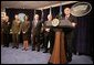 President George W. Bush gestures as he addresses his remarks on the global war on terror, Wednesday, Jan. 4, 2006, to an audience at the Pentagon, following a Department of Defense briefing with Vice President Dick Cheney, Secretary of Defense Donald Rumsfeld, Secretary of State Condoleezza Rice, General Peter Pace, Chairman of the Joint Chiefs of Staff and Admiral Ed Giambastiani, Vice Chairman of the Joint Chiefs of Staff. White House photo by David Bohrer