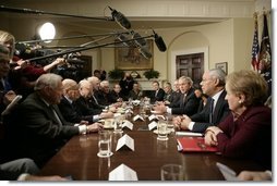 President George W. Bush speaks with reporters following a meeting Thursday, Jan. 5, 2006 in the Roosevelt Room at the White House with former Secretaries of State and Secretaries of Defense from both Republican and Democratic administrations.  White House photo by Eric Draper