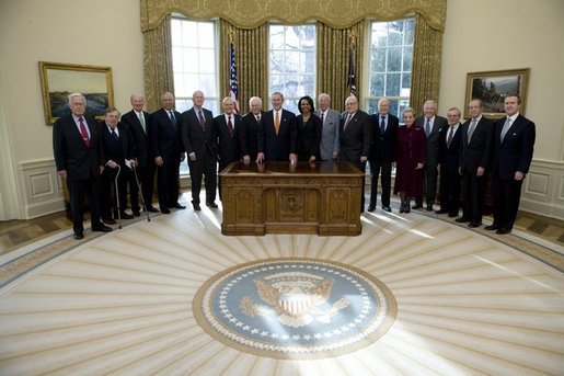 President George W. Bush poses for a photo Thursday, Jan. 5, 2006 in the Oval Office with former Secretaries of State and Secretaries of Defense from both Republican and Democratic administrations, following a meeting on the strategy for victory in Iraq. From left to right are former Secretary of Defense Harold Brown, former Secretary of State Lawrence Eagleburger, former Secretary of State James Baker, former Secretary of State Colin Powell, former Secretary of Defense James Schlesinger, Secretary of Defense Donald Rumsfeld, Vice President Dick Cheney, Secretary of State Condoleezza Rice, former Secretary of State George Schultz, former Secretary of Defense Melvin Laird, former Secretary of Defense Robert McNamara, former Secretary of State Madeleine Albright, former Secretary of State Alexander Haig, former Secretary of Defense Frank Carlucci, former Secretary of Defense William Perry and former Secretary of Defense William Cohen. White House photo by Eric Draper