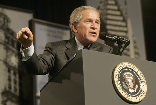 President George W. Bush gestures as he addresses an audience at the Economic Club of Chicago, Friday, Jan. 6, 2006 in Chicago, discussing the strength and growth of the U.S. economy. White House photo by Kimberlee Hewitt